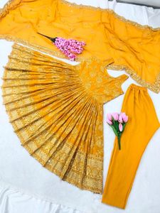 Nouvelle robe de soirée de styliste, tenue de travail en tissu Georgette avec broderie Kurti sans manches, haut et bas - Product Image 5