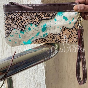 Pochette en cuir usiné portefeuille sac à main cheveux sur fourrure métallique pochette en cuir élégant couleur Turquoise portefeuilles Unique pour les femmes - Product Image 1