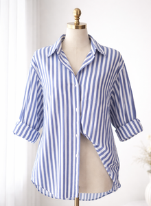 Women's Loose Fit Striped Button Shirt Three Quarter Sleeve V-neck Polyester Rayon Casual Vintage Spring Summer Top - Product Image 5