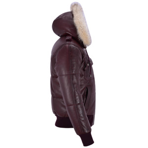 <b>Men's</b> Maroon Leather Flight <b>Jacket</b> Faux Fur Hood <b>Warm</b> Padded Winter Bomber Coat Ribbed Hem Custom Factory Wholesale - Product Image 6