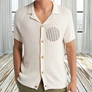 Cárdigan de botón de una sola fila a rayas de nuevo diseño 2024 cómodo transpirable de Nailon/algodón de manga corta de punto de invierno - Product Image 1