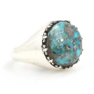 925 Sterling <b>Silver</b> Round <b>Statement</b> <b>Ring</b> for Men Genuine Turquoise Stone Platinum Geometric Design Everyday Wear - Product Image 2