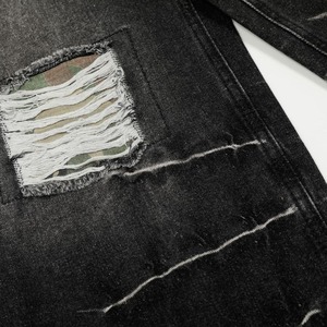 Wholesale High Street Hip Hop Patchwork Mid Waist Wide Leg Pants Washed <b>Denim</b> <b>Trousers</b> Ripped Holes Male Men's Distressed Jeans - Product Image 2