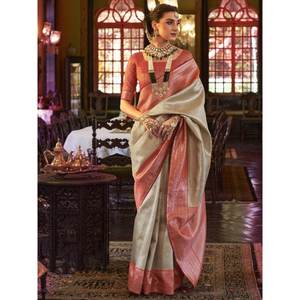 Sari de Seda Kanjivaram Color Crema, Atractivo, con Bordado Zari, Vestido de Novia con Diseños Intrincados - Product Image 2