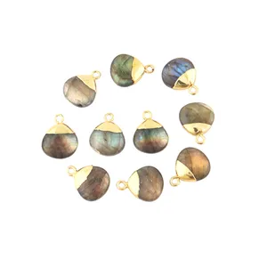 Jewelry Finding Connector Natural Flashy Labradorite Heart Shape Connector Gold Plated Single Bail Connector Charms