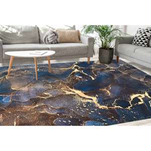 Navy Blue And Gold Marble Printed <b>Rug</b>: Luxury Abstract Design,Nonwoven Thin <b>Rug</b> - Product Image 1