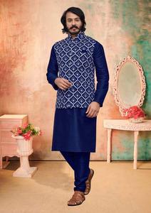 Manyavar Original Designer Soie Embossée Miroir Travail Hommes Classique Indien Pakistanais Vêtements de Mariage Kurta Pyjama Célébrités - Product Image 3