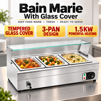Bain-marie électrique 3 bacs 1500W 220V avec couvercle en verre, chauffe-plats commercial en acier inoxydable pour buffet, table vapeur