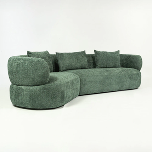 Sofá moderno de tres plazas tapizado en boucle con tela verde, brazos curvos de alta calidad y respaldo con almohadas para sala de estar - Product Image 3