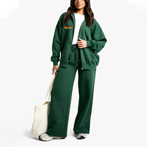 Venta al por mayor 100% algodón de gran tamaño Drop Shoulder mujer chándal Full Zip Up Sudadera con capucha y pantalón acampanado personalizado mujeres Jogging Set - Product Image 1
