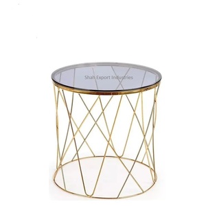 Mesa auxiliar de alambre metálico con acabado dorado de forma redonda con tapa de cristal ahumado para el hogar, sala de estar, mesas decorativas para muebles - Product Image 2