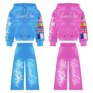 Acid Wash 2-Piece Men's Winter <b>Tracksuit</b> Set Vintage Flared Sweatpants Full Zip Hoodie Regular Fit OEM Printed High Street Style - Product Image 4