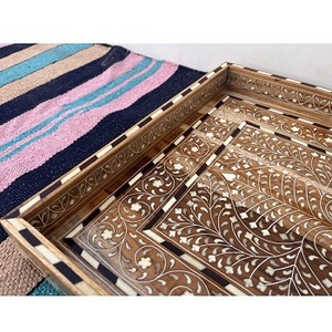 ถาดไม้ลายดอกไม้สีดำขาวสุดหรู ฝังกระดูก งานแฮนด์เมด รูปทรงสี่เหลี่ยมผืนผ้า สำหรับเสิร์ฟอาหาร ตกแต่งบ้าน เทคนิคการขัดเงา - Product Image 3