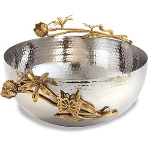 Bol à fruits en métal moderne martelé en argent avec bol décoratif de forme ronde avec support en métal doré. - Product Image 1