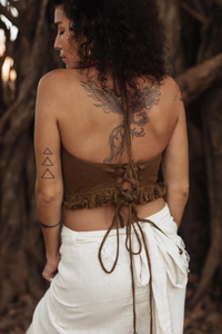 Tribal 'Cacao' <b>Crop</b> <b>Top</b> 100% Cotton Hand Block Printed Halter Collar Knitted Casual Short Length with <b>Fringes</b> - Product Image 4