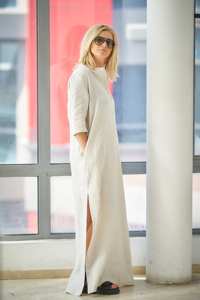 Robe caftan en lin pour femmes, style décontracté longue maxi, col haut blanc, taille plus, pour l'automne et l'hiver, sur mesure OEM - Product Image 4