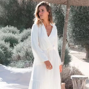 Maxi vestido informal acampanado bohemio de primera calidad para mujer cintura ajustable manga acampanada cuello redondo drapeado aspecto viscosa estilo Resort - Product Image 2