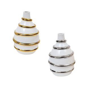 Luxury Ceramic Vase Set with Gold and Silver <b>Rings</b> Decorative White Pot for Living Room Modern Home Accent Flower Container - Product Image 1