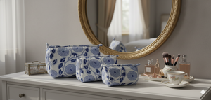 Ensemble de 3 trousses en coton matelassé écologiques avec fermeture éclair pour le rangement du maquillage, style vintage, imprimé en bloc - Livraison gratuite - Product Image 2