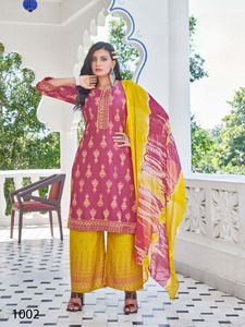 Liva Approved Heavy Rayon Embroidered <b>Kurti</b> with Lace Work Nazmini Dupatta Palazzo-Indian & Pakistani Clothing - Product Image 2