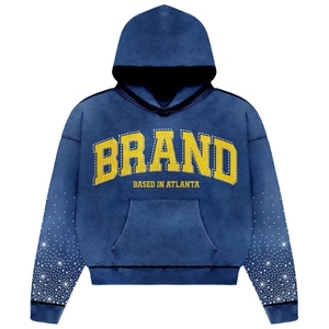 Streetwear vintage pour hommes, imprimé strass personnalisé brodé 100% coton, sweat à capuche coupe régulière à épaules tombantes en tricot lourd - Product Image 6