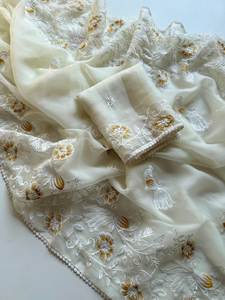 Sari in Chiffon per Feste con Perline Premium e Ricami Floreali, Fornitore ed Esportatore Mondiale a Prezzi all'Ingrosso - Product Image 4