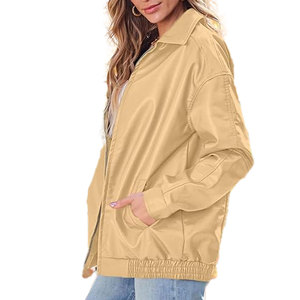 Otoño Invierno Casual Vintage chaqueta de cuero cuello alto cierre de un solo botón Color sólido logotipo frontal lavado técnica cremallera - Product Image 3