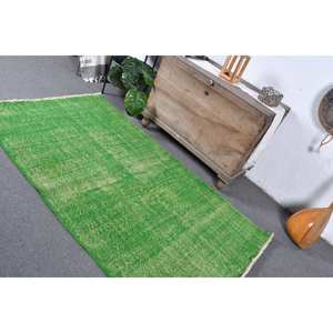 Alfombra de lana turca verde Vintage de 3,9x6,8 pies, patrón de retazos, tejido plano para decoraciones de sala de estar para adolescentes con respaldo de látex - Product Image 2