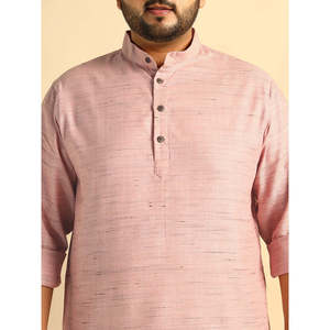 Amanush <b>Men's</b> Pink Handloom Texture Plaid Cotton Plus Size <b>Kurta</b> For <b>Men</b> With Mandarin Collar And Three Quarter Sleeves - Product Image 2