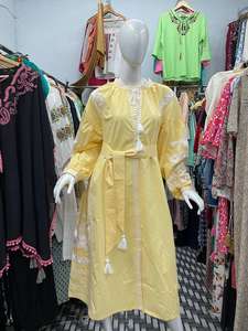 Femmes 100% coton décontracté bohème vacances Maxi robe col en v broderie manches courtes lavable naturel taille tissé tissage - Product Image 3