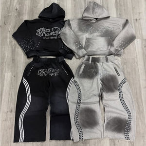 Pantalones de chándal y Sudadera con capucha Acampanados para hombre con bordado estampado Unisex personalizado, chándal de dos piezas con diamantes de imitación, chándal de rizo francés - Product Image 6