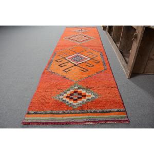 2.9x10.5 ft Vintage <b>Rug</b>, <b>Runner</b> Turkish <b>Rug</b>, Orange Animal Print <b>Rug</b> - Product Image 2