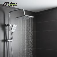 Colonne de douche murale chromée avec mitigeurs, kit de pommes de douche effet pluie en acier inoxydable et étagère de rangement