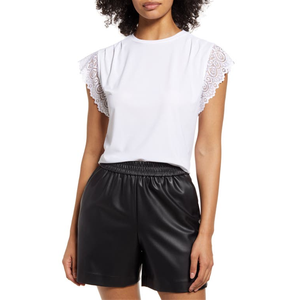 Top Halogen(R) Bianco Taglia Media con Bordo in Pizzo, Outfit Formale da Ufficio con Ricami in Lino e Cotone, Vestibilità Ampia, Lunghezza Corta - Product Image 1