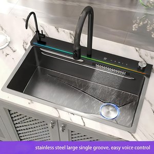 Fregadero de cocina inteligente de primera calidad 304 Acero inoxidable AI Control de voz sin contacto Pantalla LED de cascada dual Proveedor OEM moderno - Product Image 4