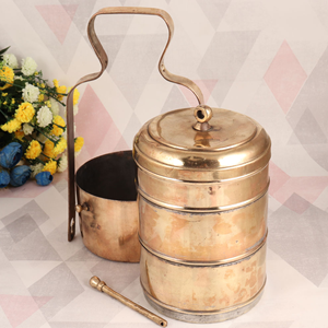 Boîte à lunch Tiffin en cuivre à 3 niveaux de qualité haut de gamme Design merveilleux avec forme ronde et poignée de pique-nique en gros - Product Image 1