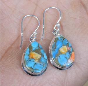 Women's <b>Sterling</b> <b>Silver</b> Bohemian Peace Shape Turquoise Bezel Set Earrings for Anniversary Daily Wear Manauafacaters - Product Image 4
