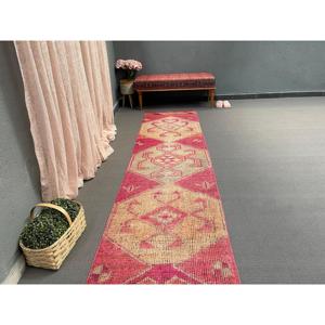 2.6x11.3 ft Vintage <b>Runner</b> Rug, <b>Red</b> Yellow Turkish Ikat Wool Rug - Product Image 4