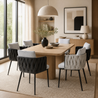 Fauteuil de salle à manger moderne avec dossier en cuir tressé, accoudoirs en cuir, coussin de siège en bouclette, ergonomique, éco-responsable, pieds en métal, mobilier de maison