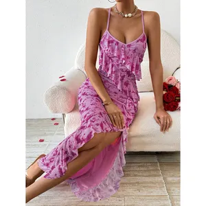 Оптовая продажа, высококачественное облегающее платье с оборками, облегающее летнее розовое платье на тонких бретельках с высоким разрезом