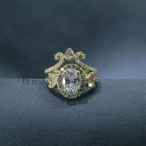 2.25 ct ovale et coupe ronde Moissanite plaqué or jaune fiançailles/anniversaire/cadeau d'anniversaire ensemble de mariée/argent 925 pour les femmes - Product Image 1