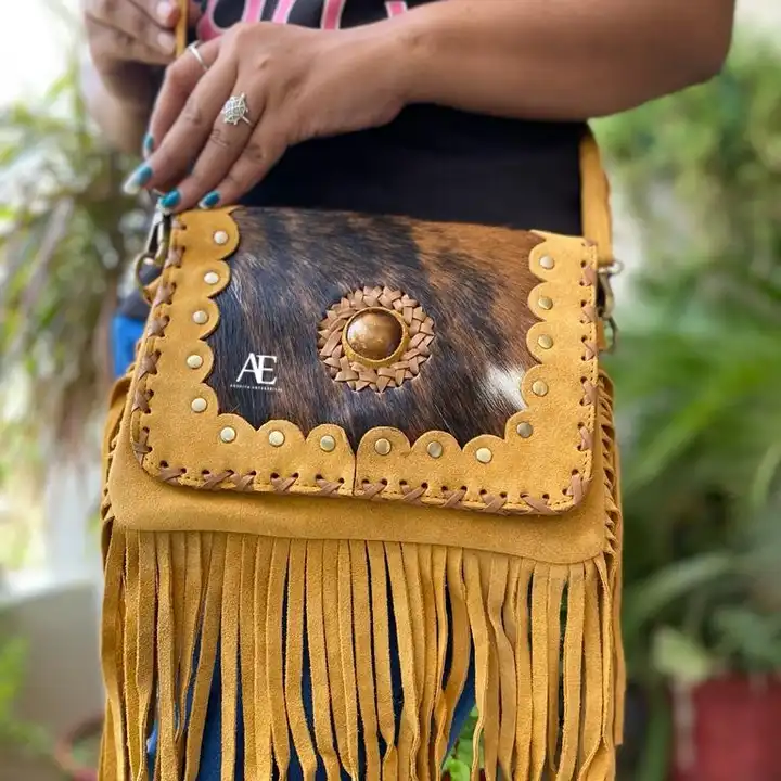 Source New Western Style Hair On Hide Fur Suede Leather Fringe Bag High  Quality Boho Women Leather Shoulder Bag With Turquoise Stone on  m.