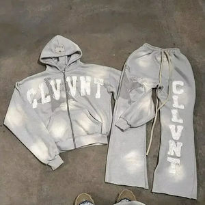 Manufacturers Custom Embroidered Acid Wash Tracksuit Set Vintage <b>Oversized</b> 100% Cotton Flare <b>Sweatpants</b> And Hoodie Set - Product Image 1