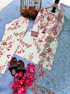 Vestido de Bollywood estilo indio pakistaní algodón Kurta Plazzo Dupatta ropa de fiesta Formal - Product Image 2