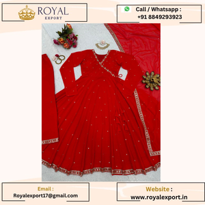 Dernier Nouveau Travail de Séquence de Georgette Rouge Chaud Avec Bordure de Dentelle à Quatre Côté Collection de Mariage Duppta Aanarkali Par Royal Export - Product Image 5