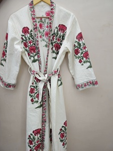 Venta al por mayor 100% calidad superior ecológica bloque de mano impreso algodón Waffle Spa bata de baño alta absorción de agua encaje Premium - Product Image 6