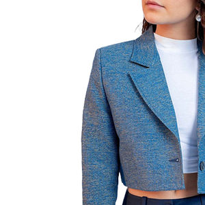 Blazer de Lana Azul para Mujer, Estilo Sororties, Antiarrugas, Cuello en V, Manga Larga, Botón Único, Tejido Sólido, Venta al Por Mayor - Product Image 4