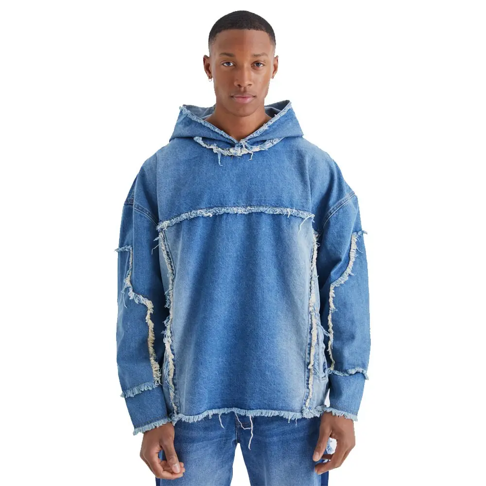 2024 Design Fashionable Men Dark Blue Stone Washed Raw Hem Paneled Pullover Hoodie For Sale Men Denim Pullover Jacket