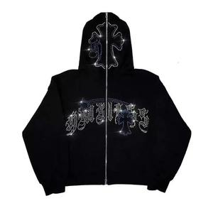 Sweat à capuche d'hiver surdimensionné en molleton de coton avec fermeture éclair et strass personnalisés 2025, avec logo personnalisé - Product Image 5