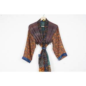 Women Vintage Thermal Silk <b>Maternity</b> Robe Recycled Indian Silk Sari Kimono 2 Pocket Front Side Belt Bohemian Style Summer V-neck - Product Image 2